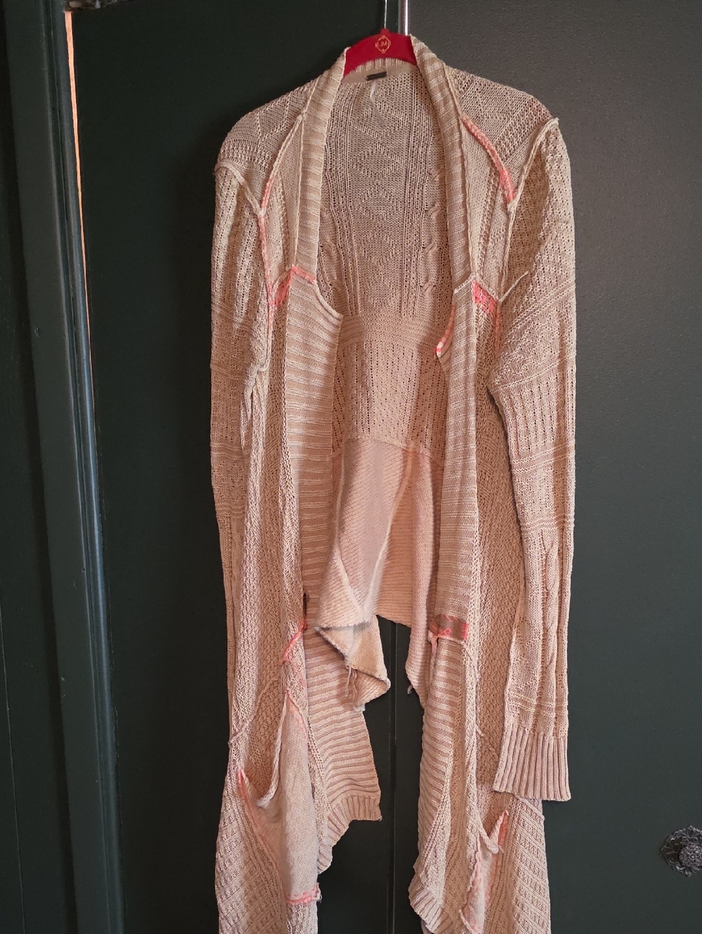Beige Open-Front Draped Knit Cardigan Sweater
